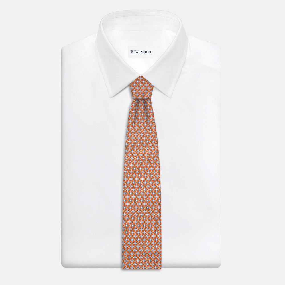 Cravatta 3 pieghe in Seta, Fantasia Geometrica, Arancione Celeste - JA057082-3