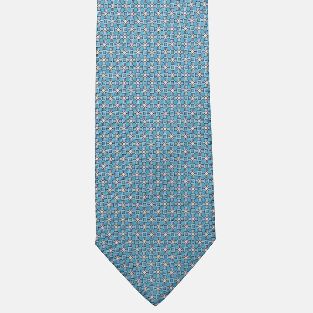 Cravatta 3 pieghe in Seta, Fantasia Geometrica, Celeste - JA057082-5