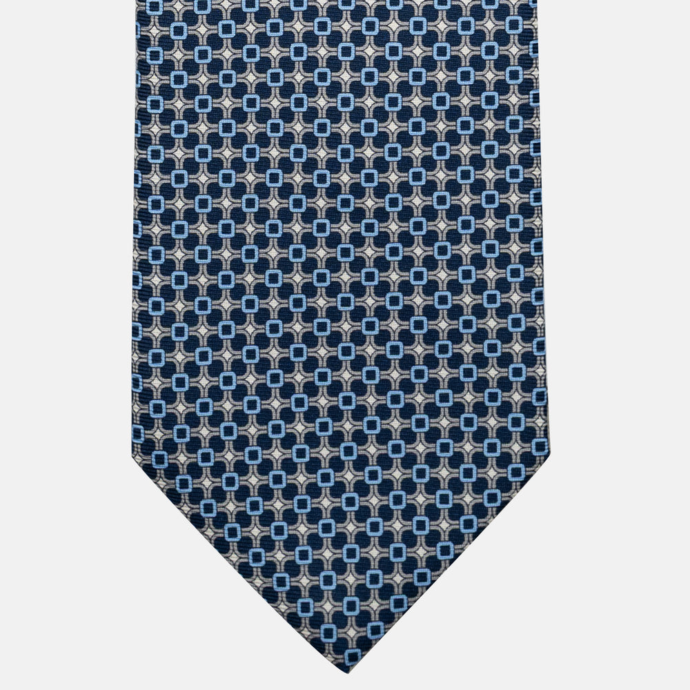 Cravatta 3 pieghe in Seta, Fantasia Geometrica, Blu Grigio- JA057082-8