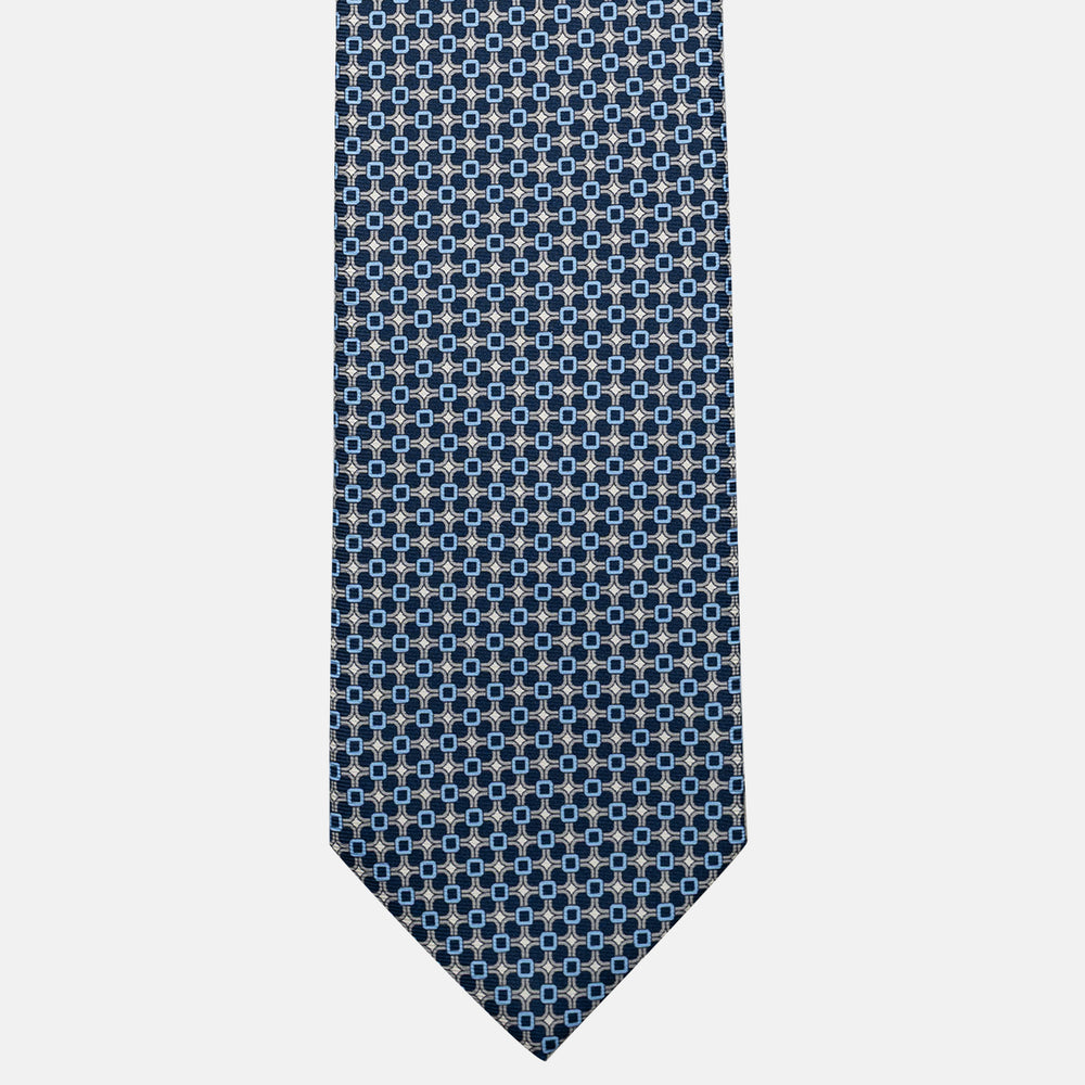 Cravatta 3 pieghe in Seta, Fantasia Geometrica, Blu Grigio- JA057082-8
