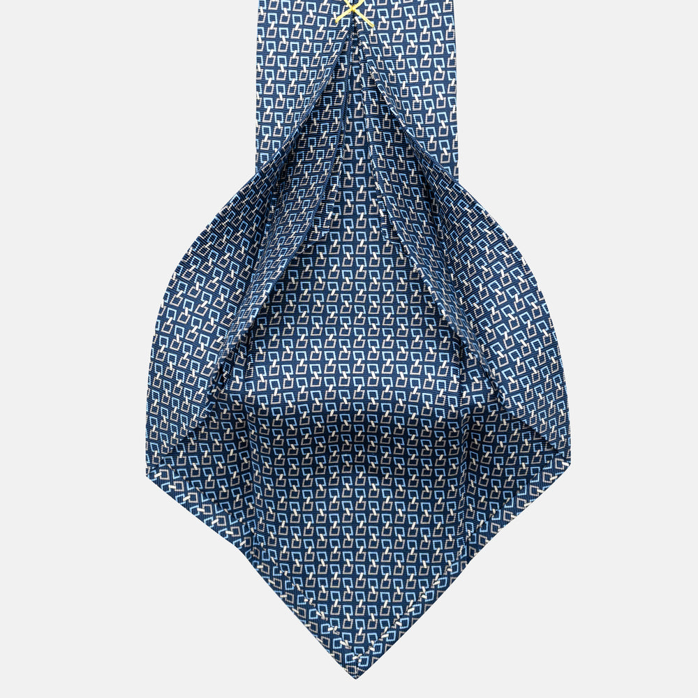 7-Fold Silk Tie with Chain Pattern in Blue and Grey - JA057083-2