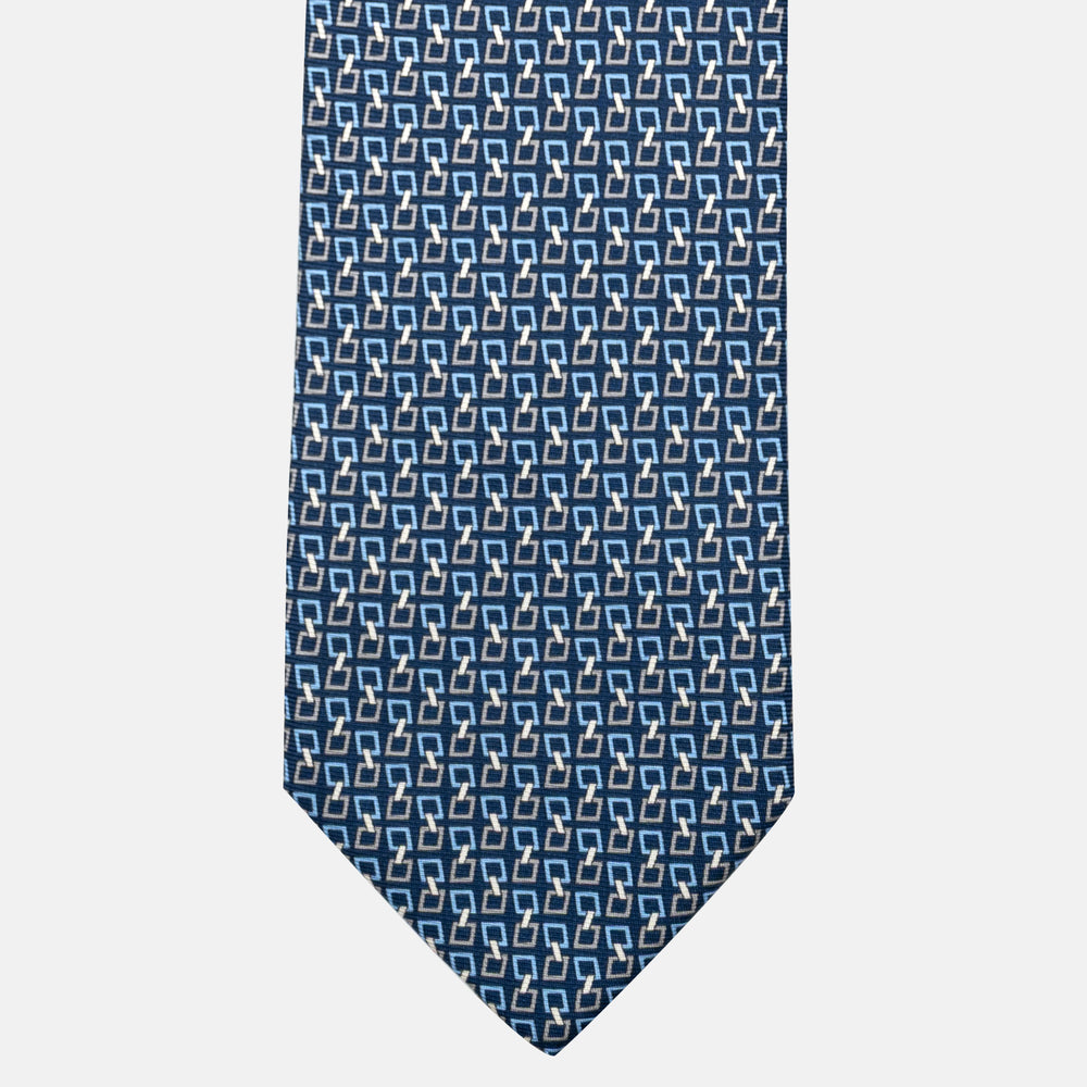 7-Fold Silk Tie with Chain Pattern in Blue and Grey - JA057083-2