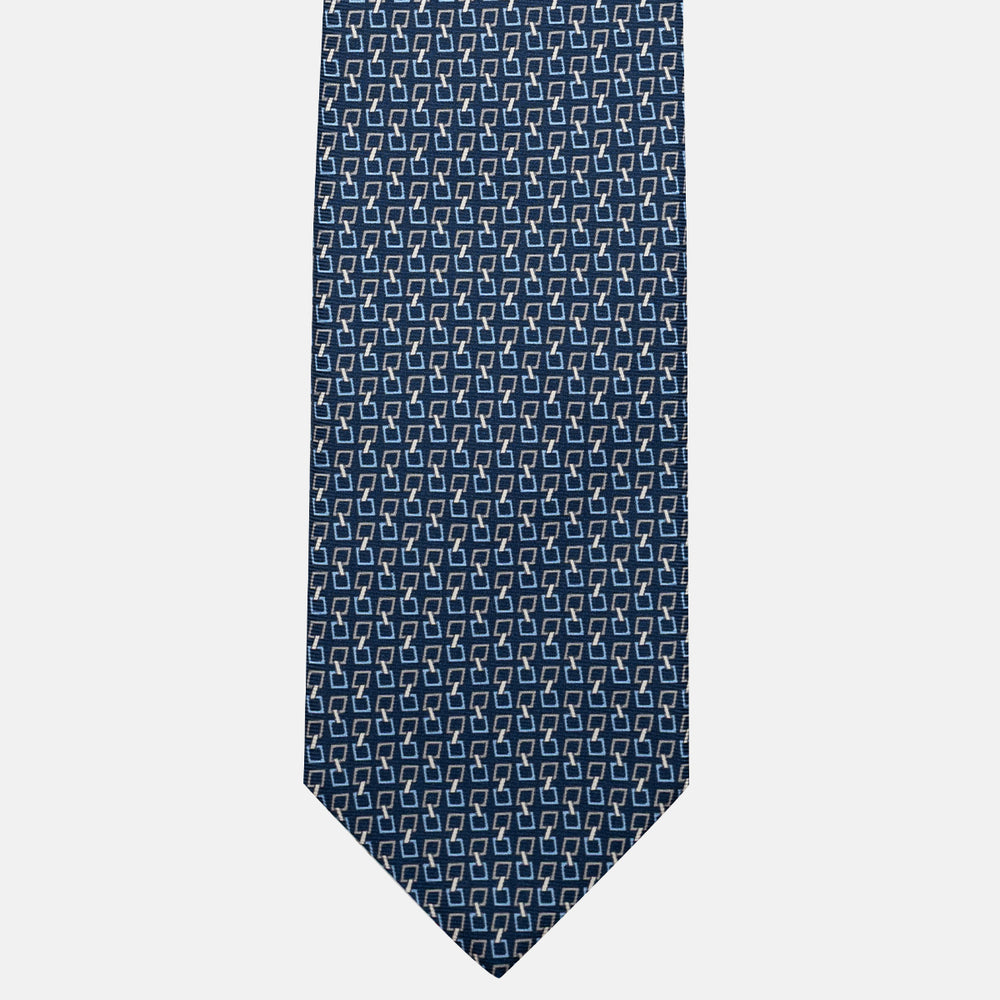 Cravatta 3 pieghe in Seta, Fantasia Concatenata, Blu Grigio - JA057083-2