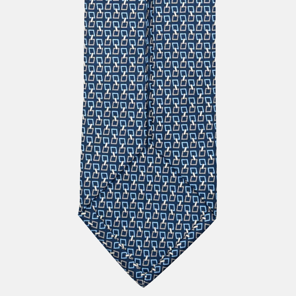 7-Fold Silk Tie with Chain Pattern in Blue and Grey - JA057083-2