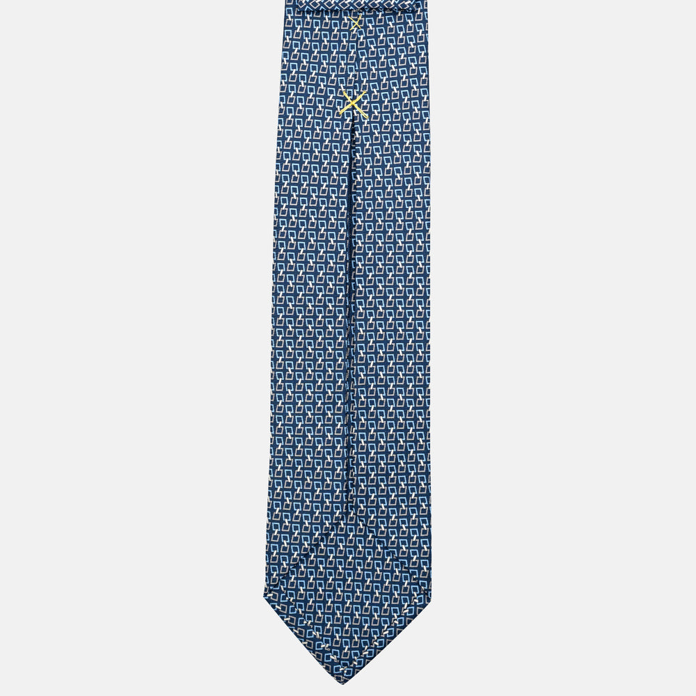 7-Fold Silk Tie with Chain Pattern in Blue and Grey - JA057083-2