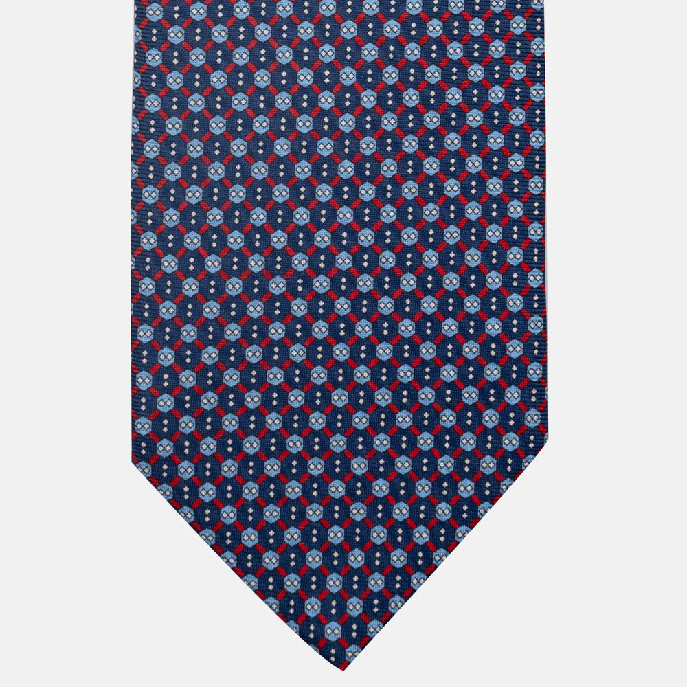 3-Fold Silk Tie, Geometric Pattern, Blue and Red - JA058626_1