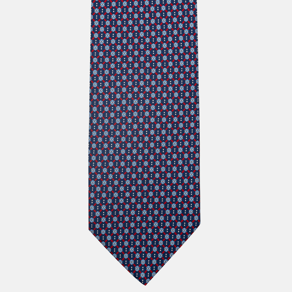 3-Fold Silk Tie, Geometric Pattern, Blue and Red - JA058626_1