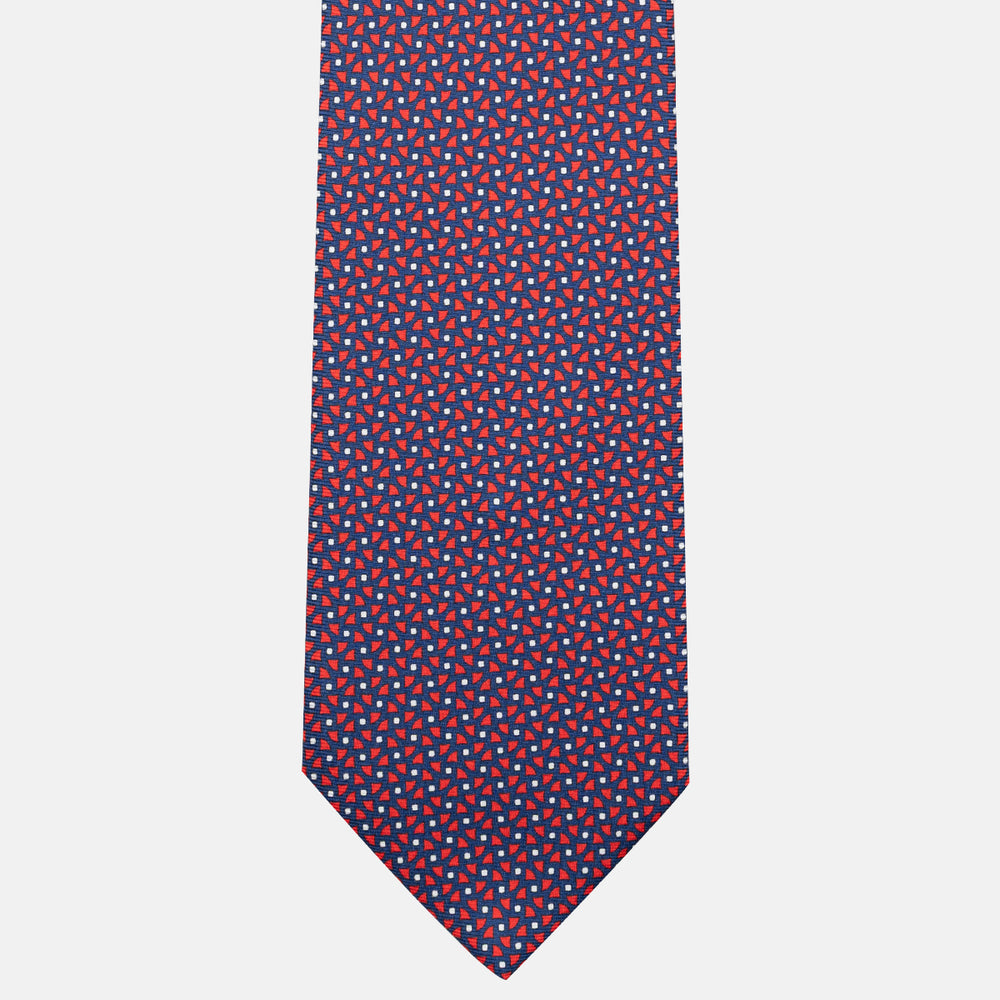 3-Fold Silk Tie, Geometric Pattern, Blue and Red - JA059571_1