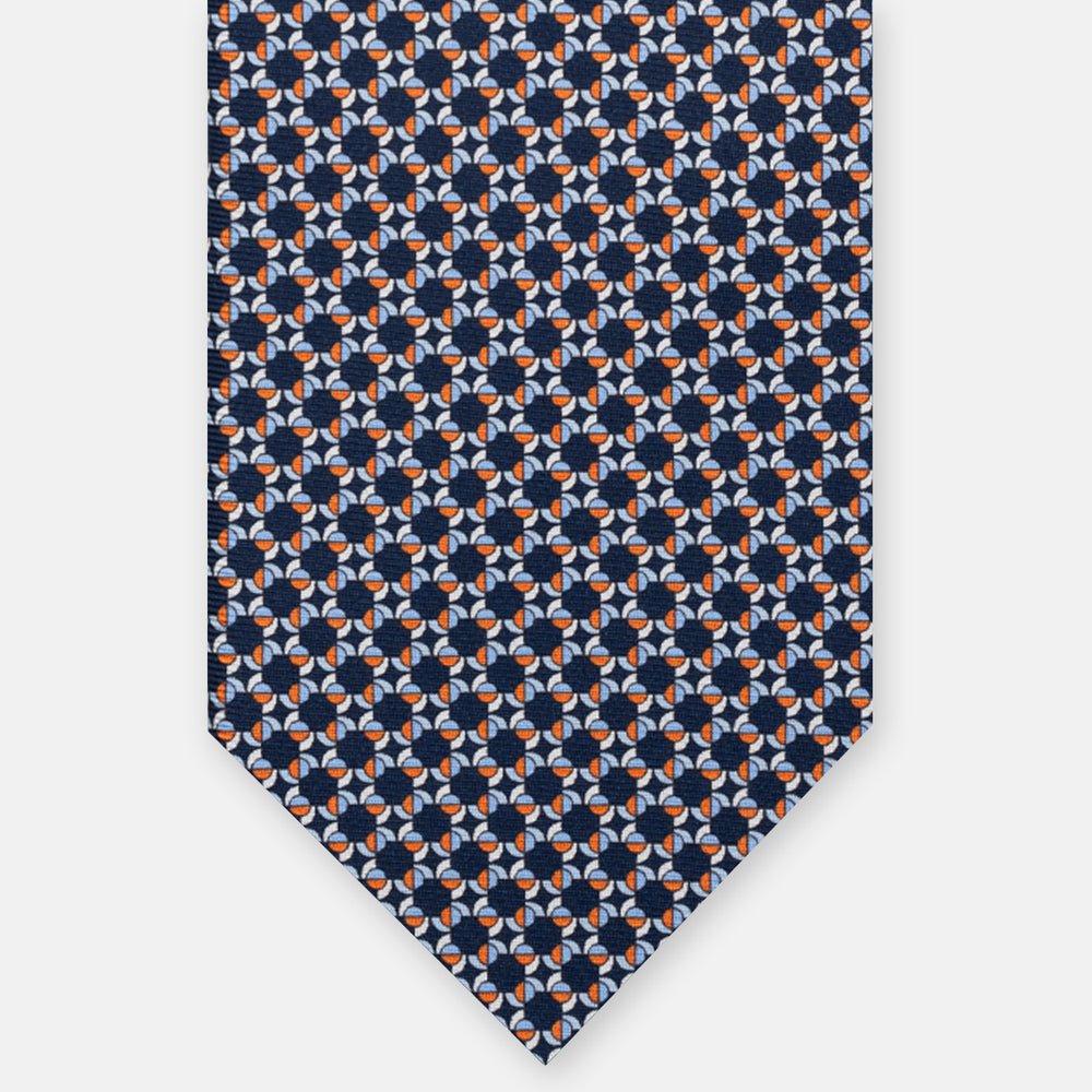 CRAVATTA 3 PIEGHE IN SETA, MICROFANTASIA, BLU NAVY - ARANCIO - AZZURRO, JC064936-1