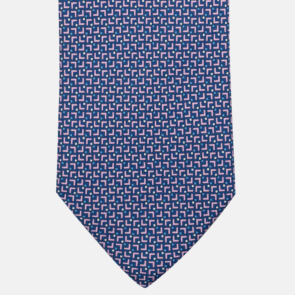 3-Fold Satin Tie with Geometric Pattern, Blue and Pink - JA241007-1