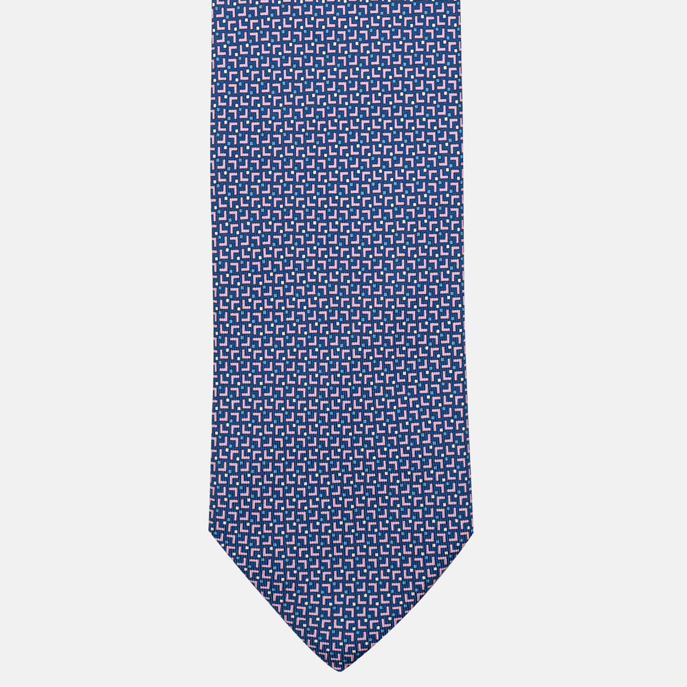 3-Fold Satin Tie with Geometric Pattern, Blue and Pink - JA241007-1