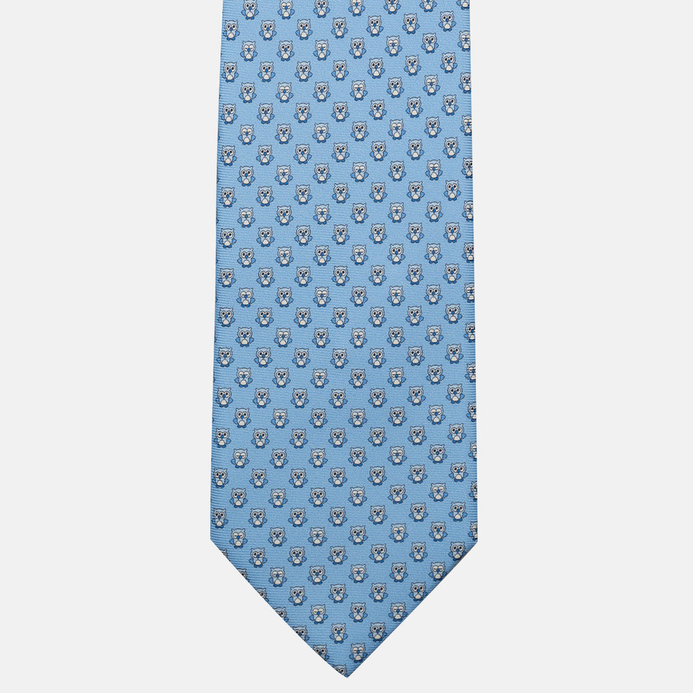 Cravatta 3 pieghe in Seta, Fantasia Gufetti, Celeste - JC056227-3