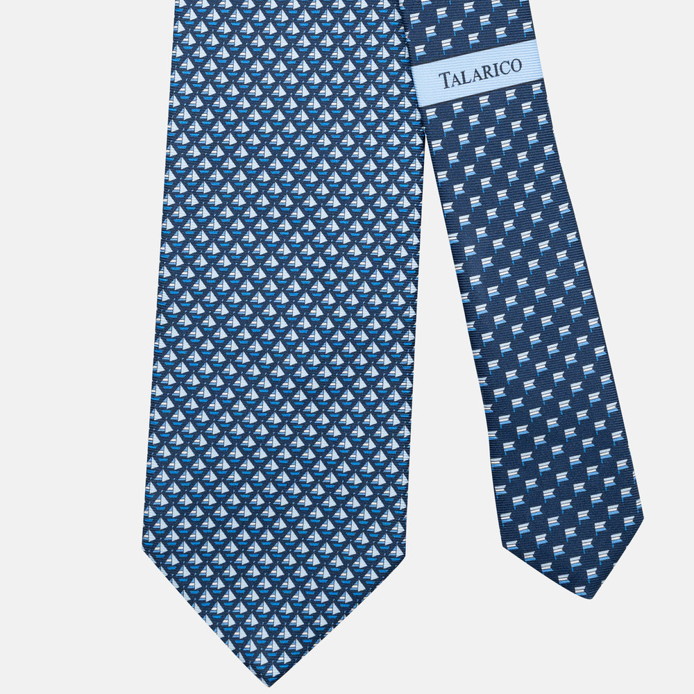 3-Fold Silk Tie, Boat Pattern, Blue - JC062793_6