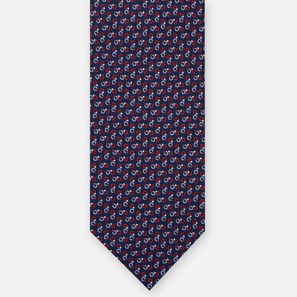 CRAVATTA 3 PIEGHE IN SETA, MICROFANTASIA,  BLU NAVY - ROSSO- CELESTE , JC064966-5