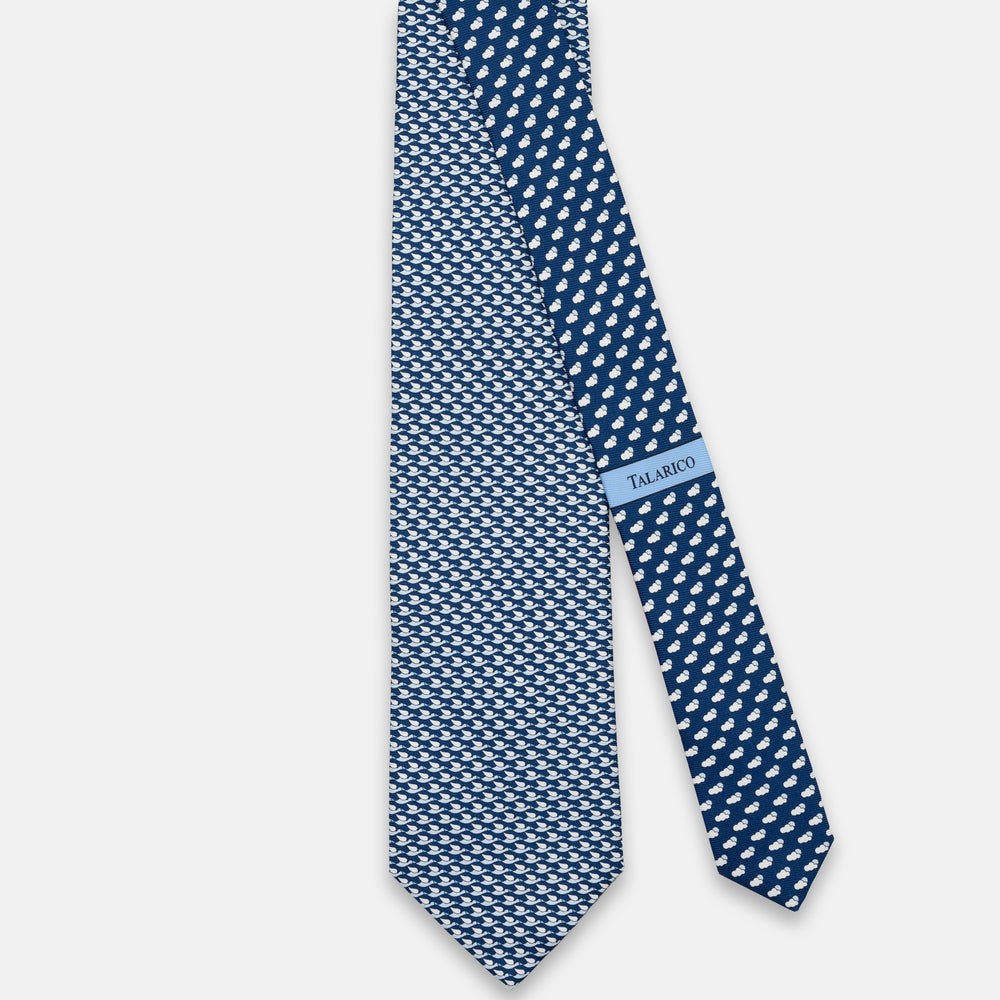 CRAVATTA 3 PIEGHE IN SETA, FANTASIA CICOGNE E NUVOLE, BLU NAVY- CELESTE - JC065034_2 T