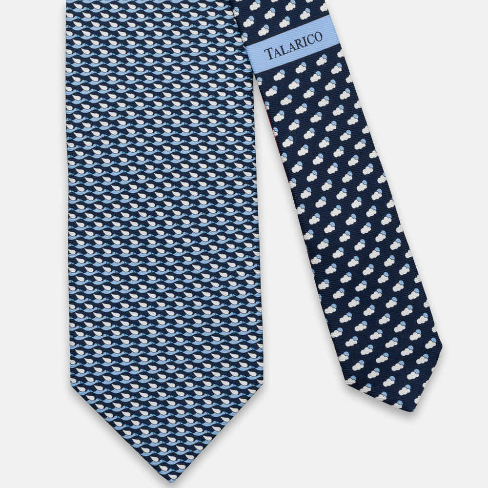 CRAVATTA 3 PIEGHE IN SETA, FANTASIA CICOGNE E NUVOLE, BLU - AZZURRO - JC065034_3 T