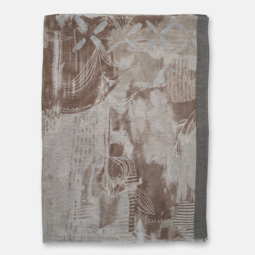 Kyoto Shawl Scarf in Brown Linen and Silk with Abstract Pattern | Made in Italy - Men