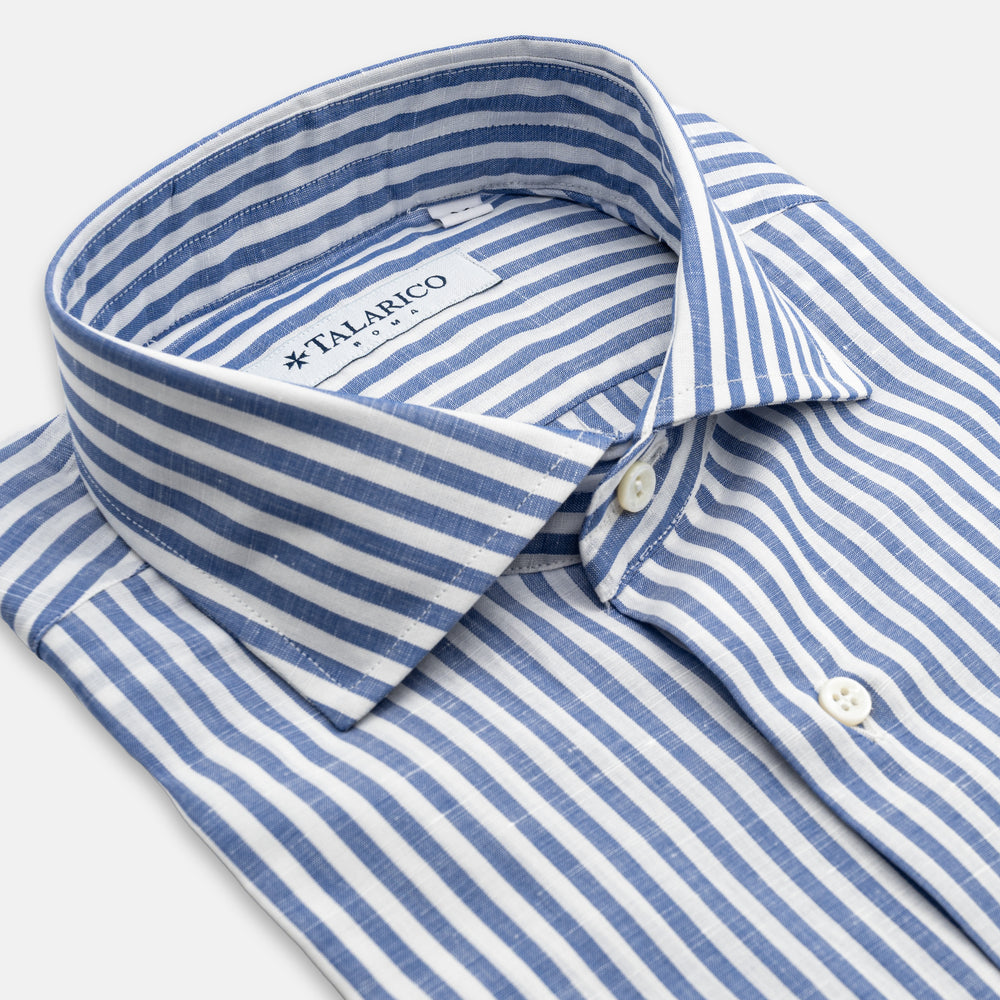 Linen Shirt French Collar White Light Blue Medium Stripe