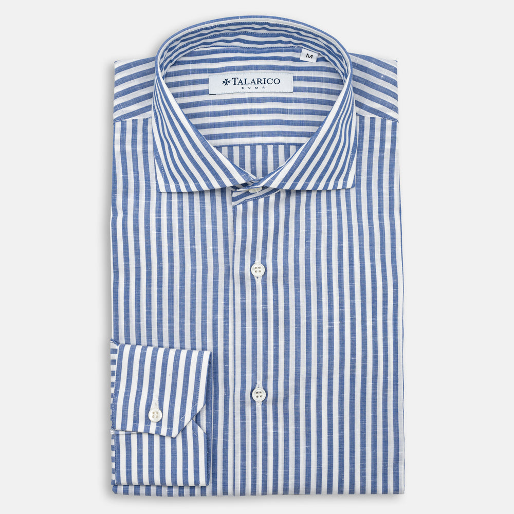 Linen Shirt French Collar White Light Blue Medium Stripe