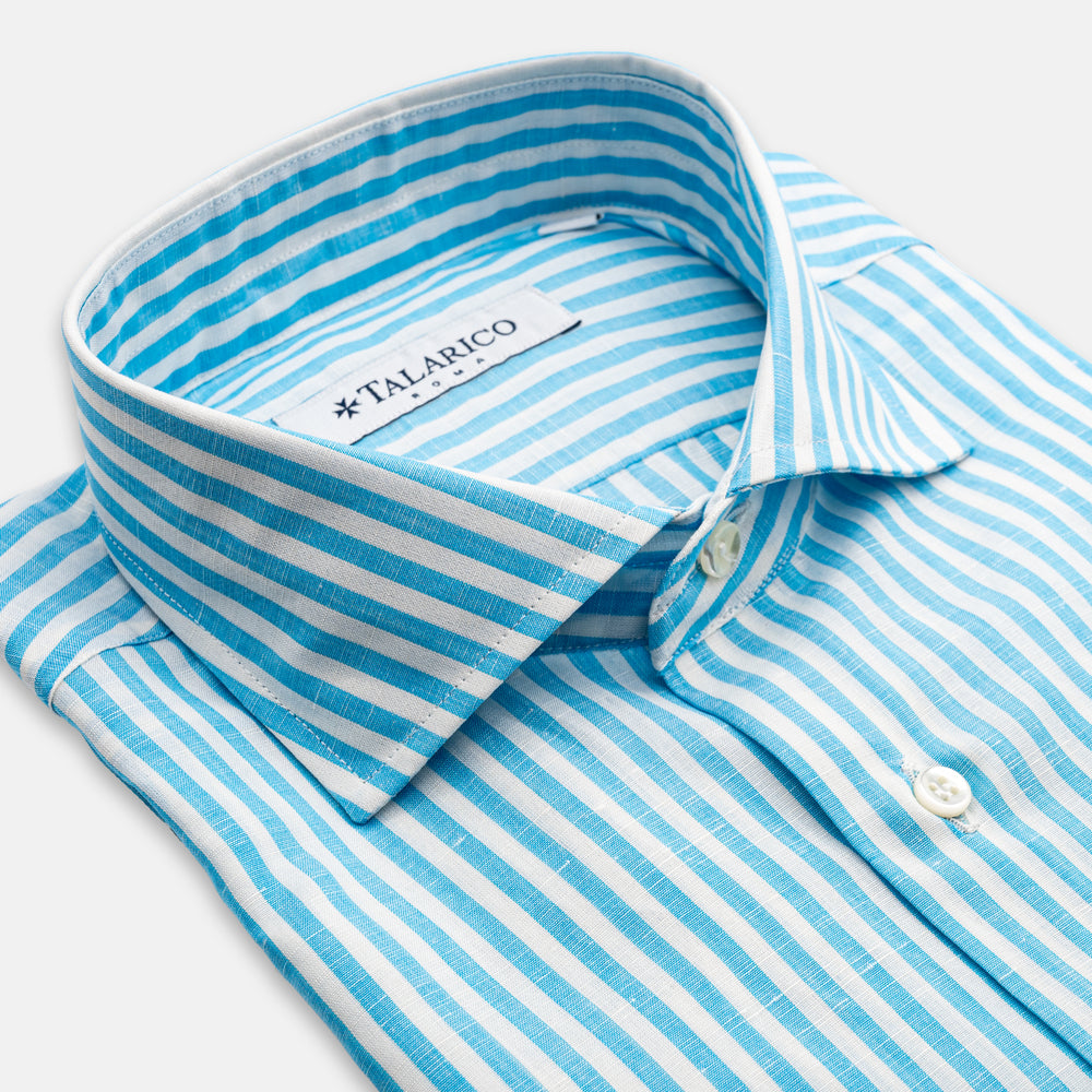 Men's Linen Shirt with French Collar, Medium Stripe, White Pool