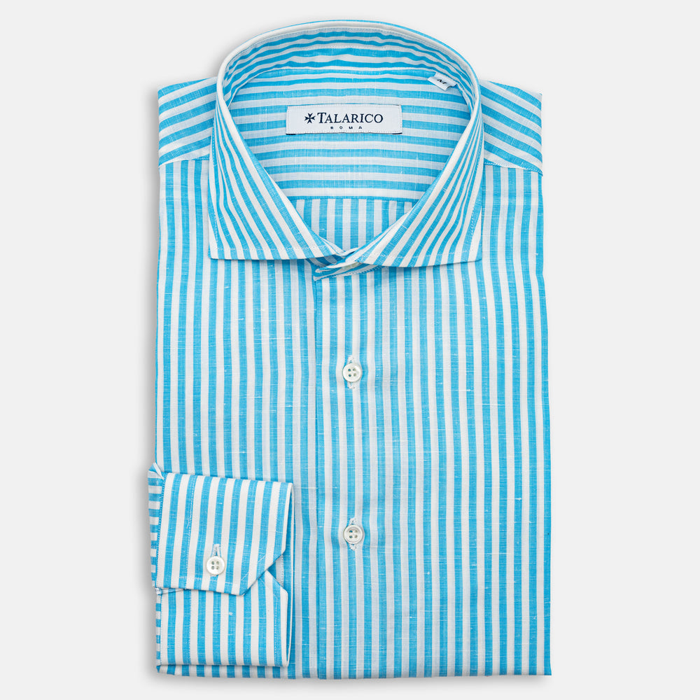 Men's Linen Shirt with French Collar, Medium Stripe, White Pool
