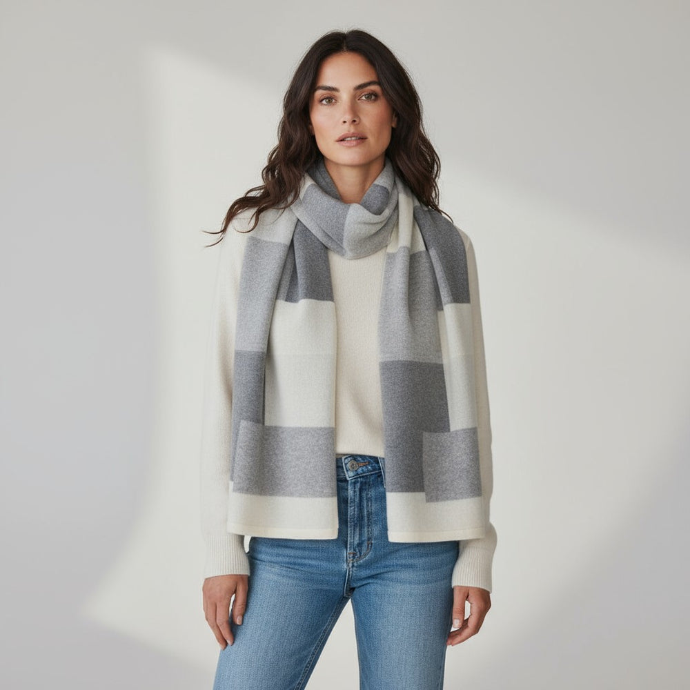 MONDRIAN WOOL SCARF IN CREAM AND GREY - 102M