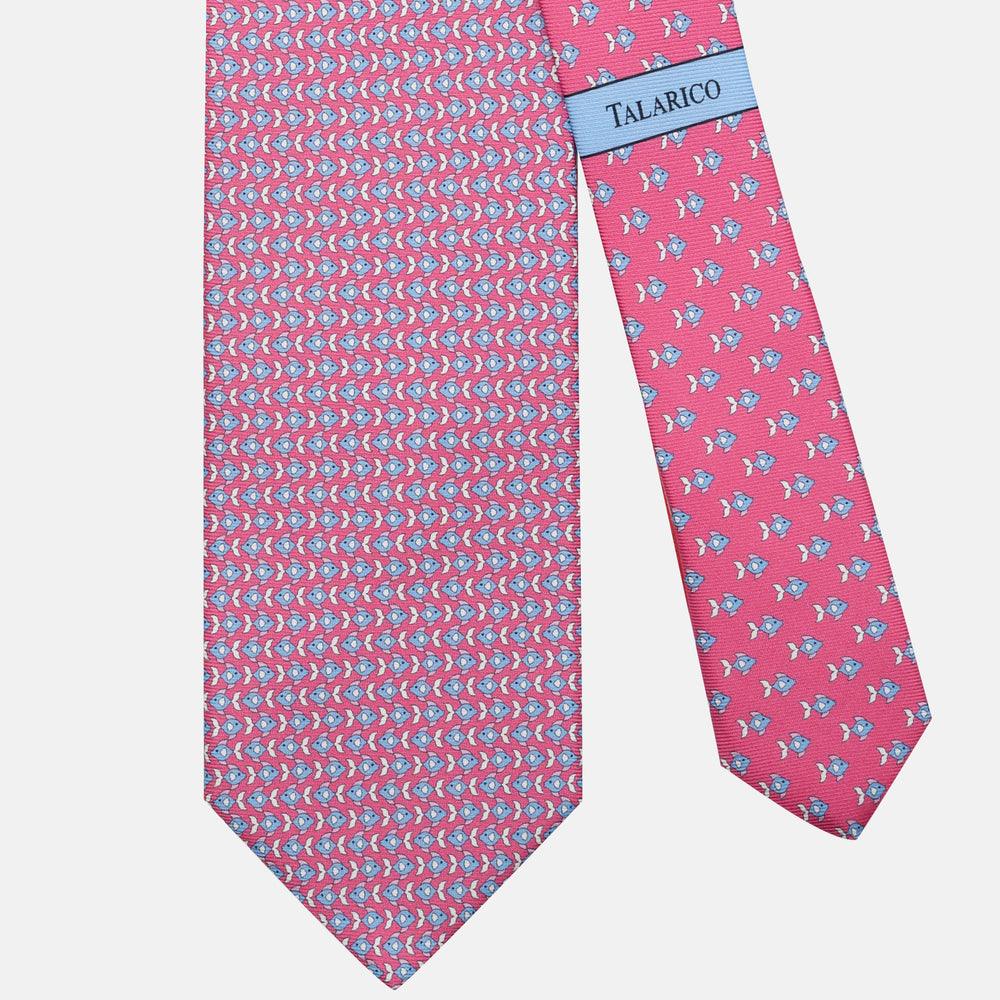 Cravatta 3 pieghe in Seta Fantasia Pesci Rosa Scuro