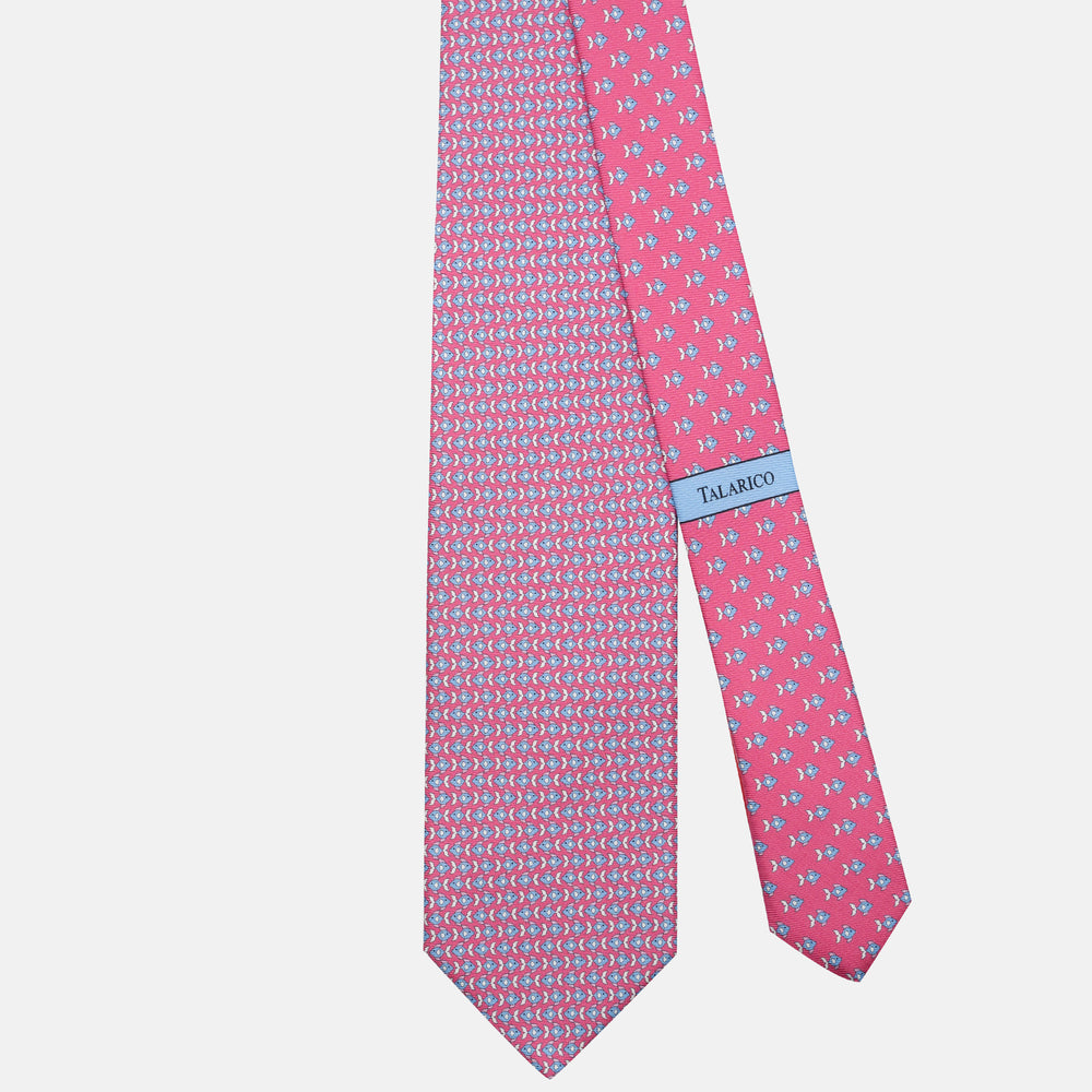 Cravatta 3 pieghe in Seta Fantasia Pesci Rosa Scuro