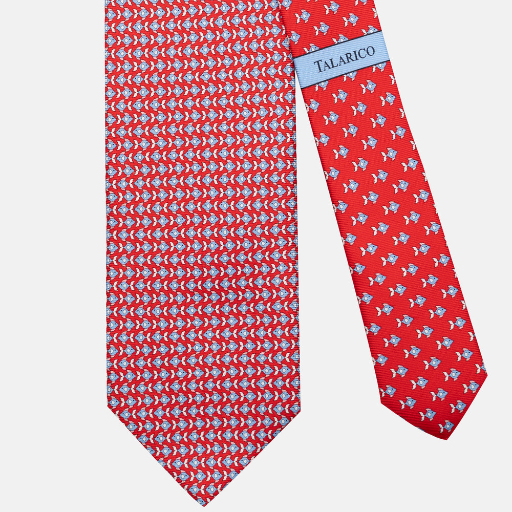 Cravatta 3 pieghe in Seta Fantasia Pesci Rosso