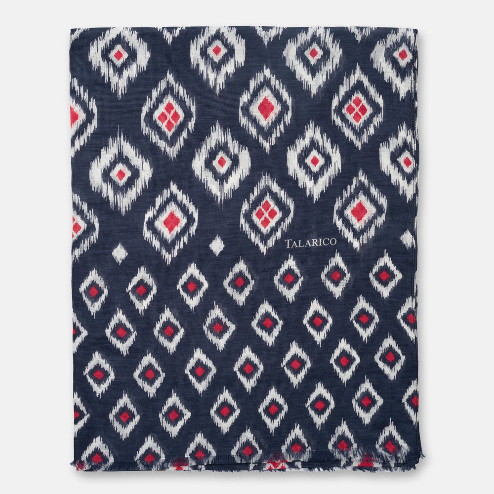 Soverato Shoulder Cover Scarf in Blue and Red Linen and Silk with Diamond Pattern | Made in Italy - Men's