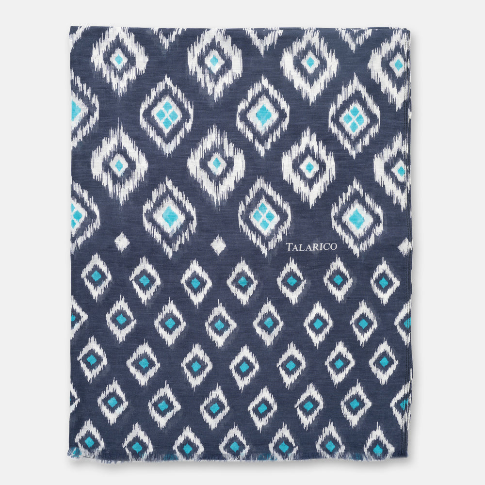 Soverato Shoulder Cover Scarf in Blue and Light Blue Linen and Silk with Diamond Pattern | Made in Italy - Men's