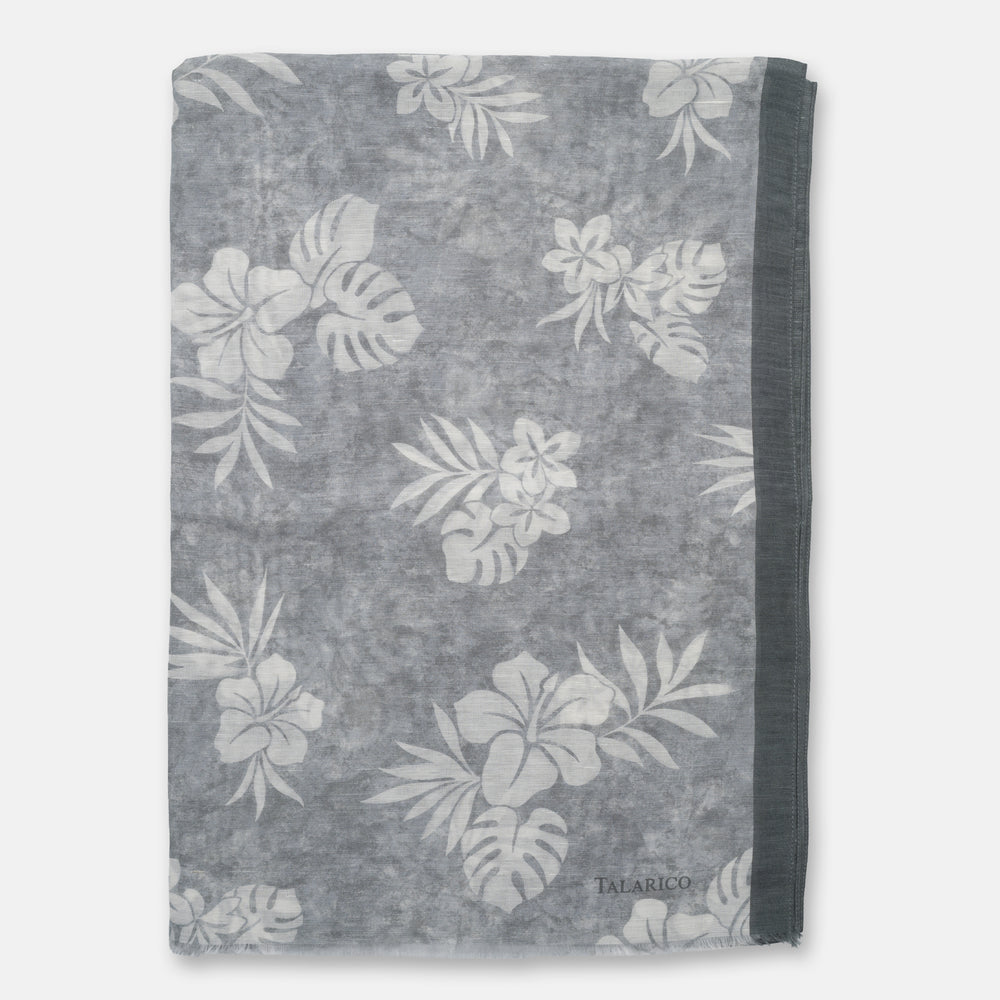 Men's Sperlonga Shawl Scarf in Grey Linen and Silk with Botanical Pattern | Made in Italy