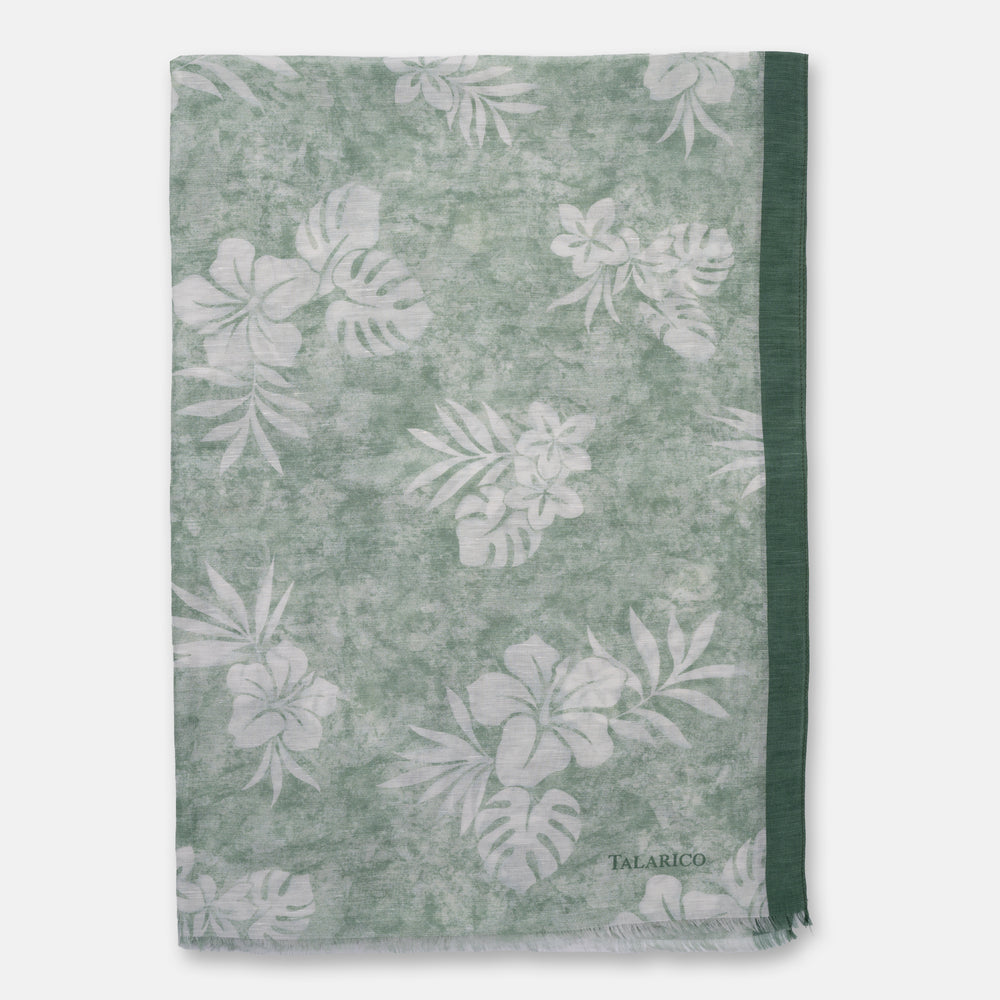 Green Sperlonga Linen and Silk Scarf/Shoulder Cover with Botanical Motif | Made in Italy - Men's
