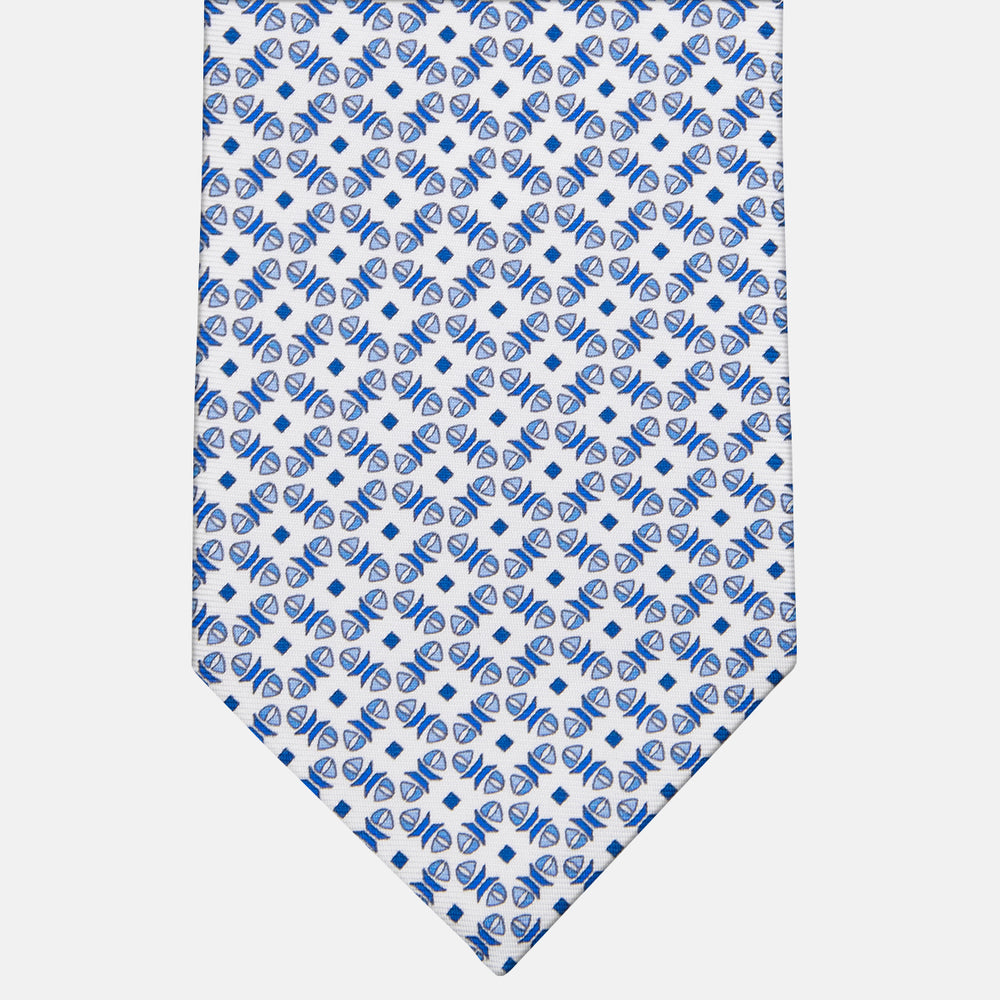 3-fold Silk Tie with Boat Pattern White - MO6517