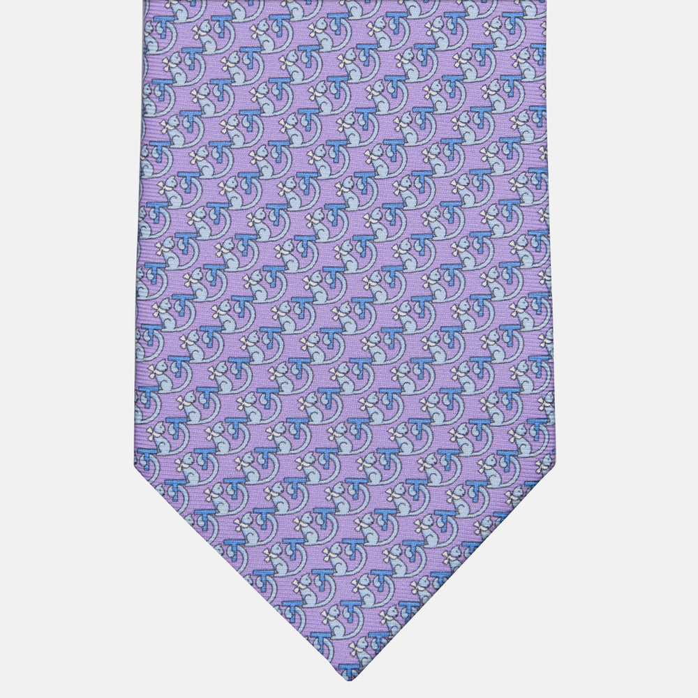 3-fold Silk Tie with Kitten Pattern Lilac - M49155