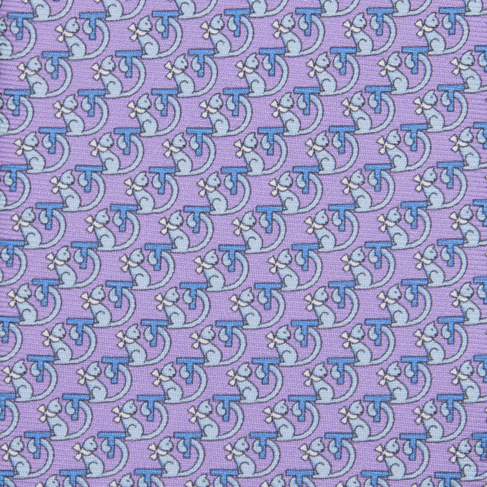 3-fold Silk Tie with Kitten Pattern Lilac - M49155