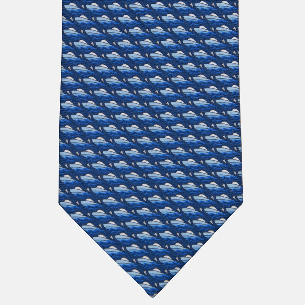3-fold Silk Tie with Blue Boat Pattern - M49151