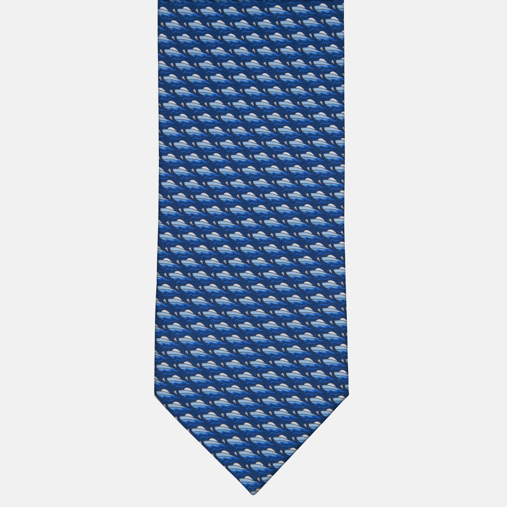 3-fold Silk Tie with Blue Boat Pattern - M49151