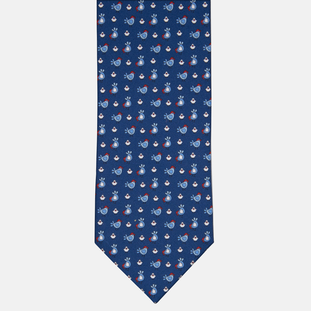 3-fold Silk Tie with Chick Pattern Blue Red - M55268