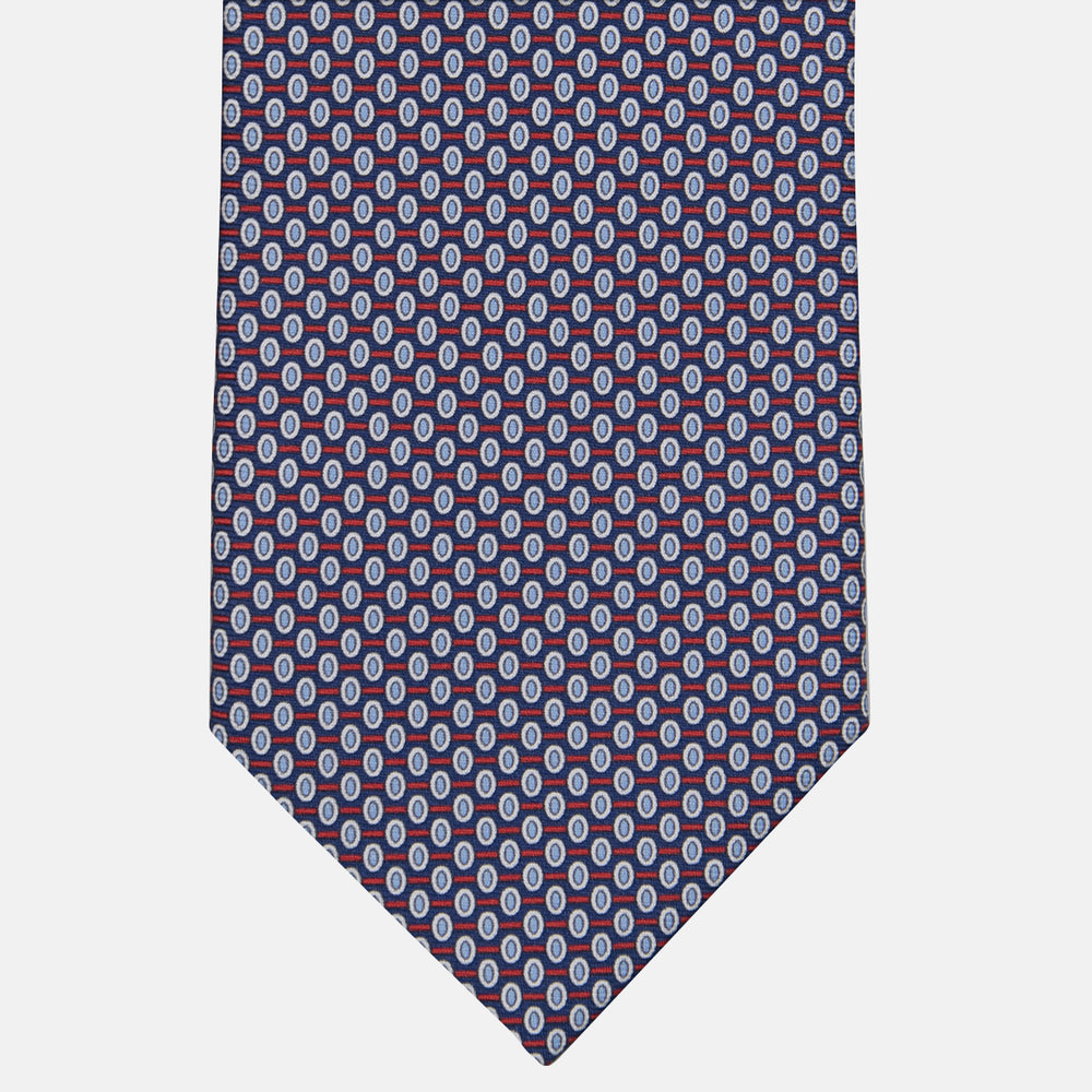 3-fold Tie in Geometric Pattern Blue Red Silk - M50023