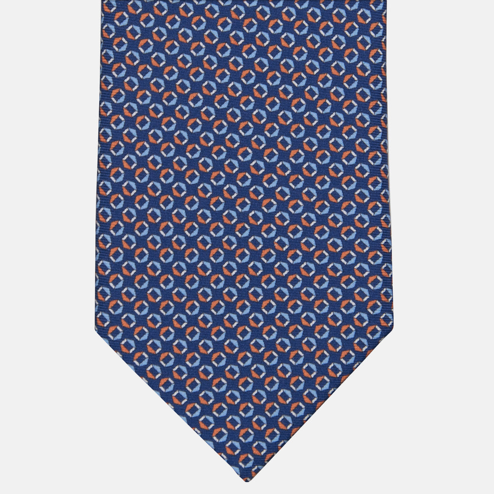3-fold Tie in Geometric Pattern Blue Orange Silk - MO9983