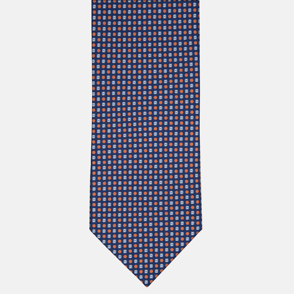3-fold Tie in Geometric Pattern Blue Orange Silk - M50003