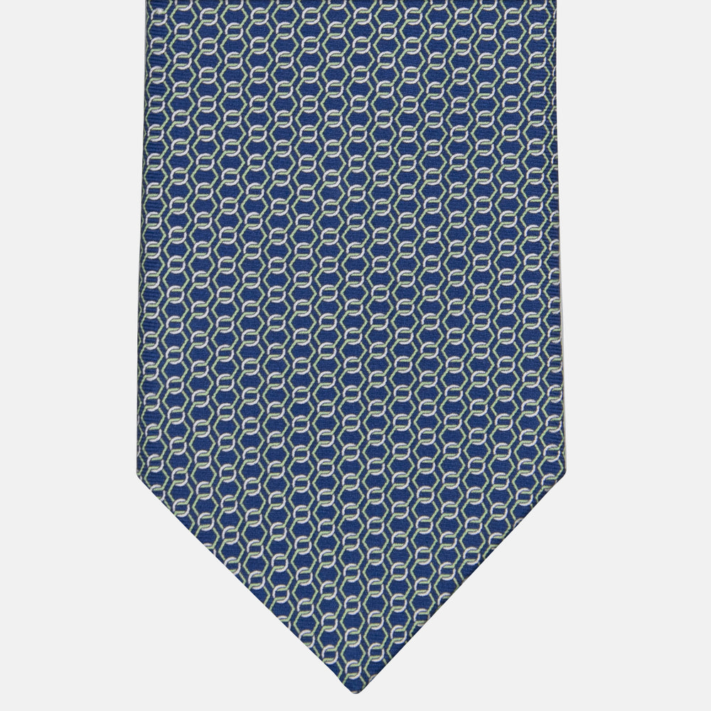 3-fold Tie in Silk with Linked Pattern Blue Green - MO8468