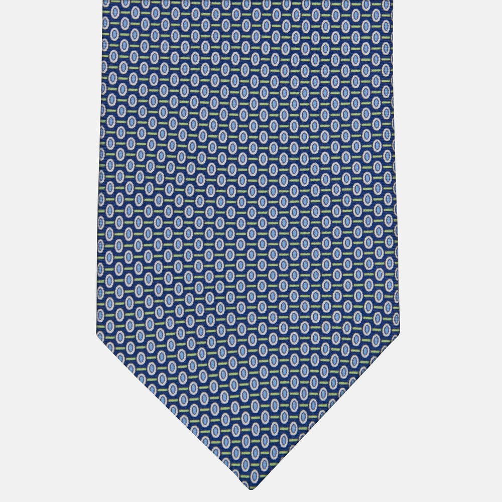 3-fold Tie in Geometric Pattern Blue Green Silk - M50023