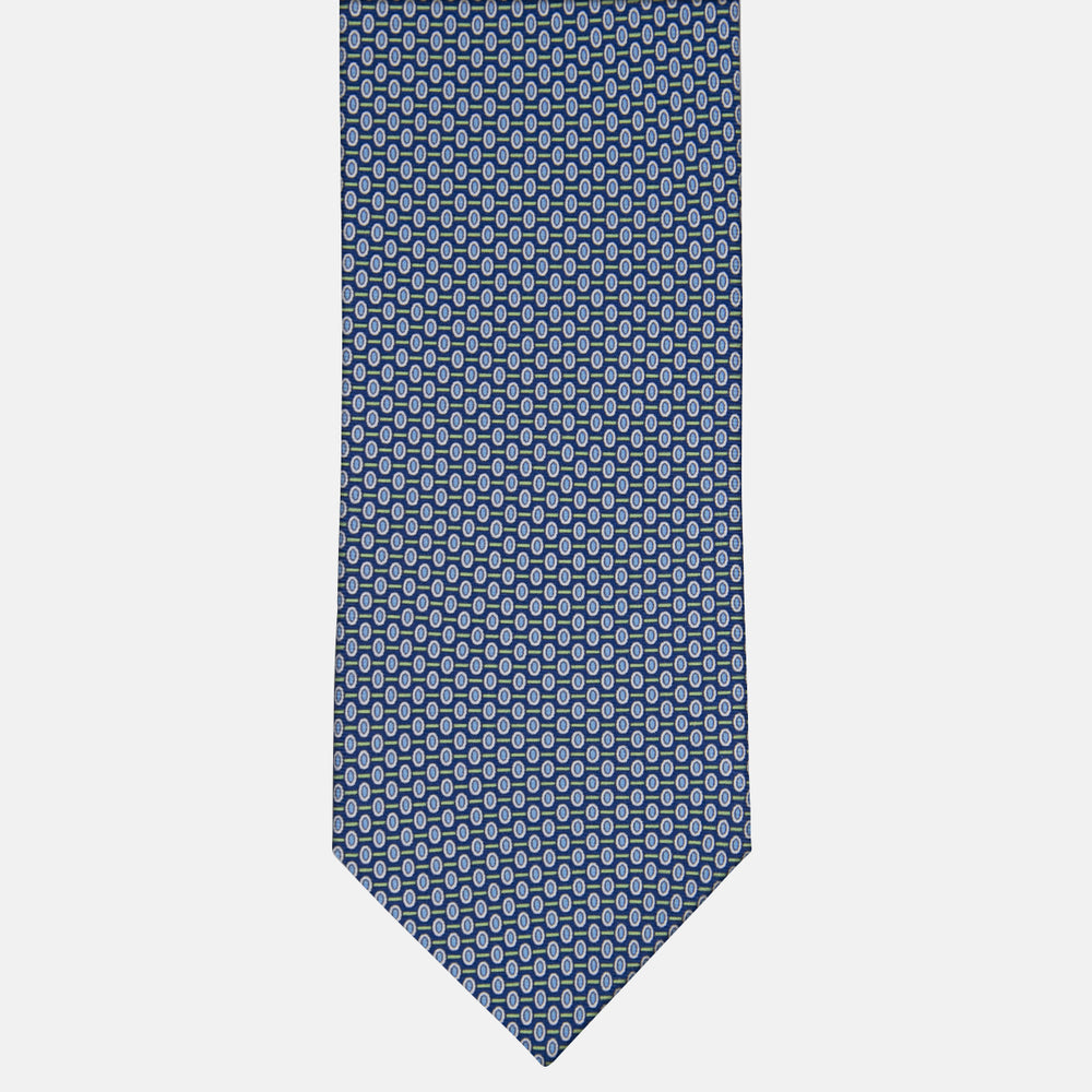 3-fold Tie in Geometric Pattern Blue Green Silk - M50023