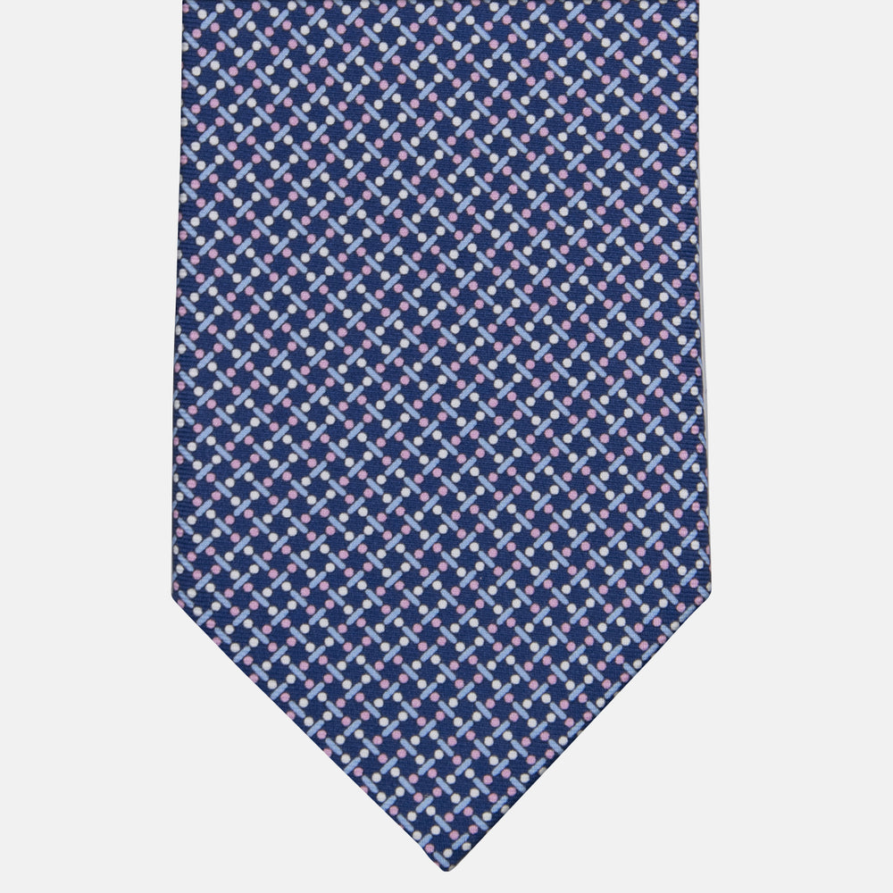 3-fold Tie in Silk with Geometric Pattern Blue Pink - M49154