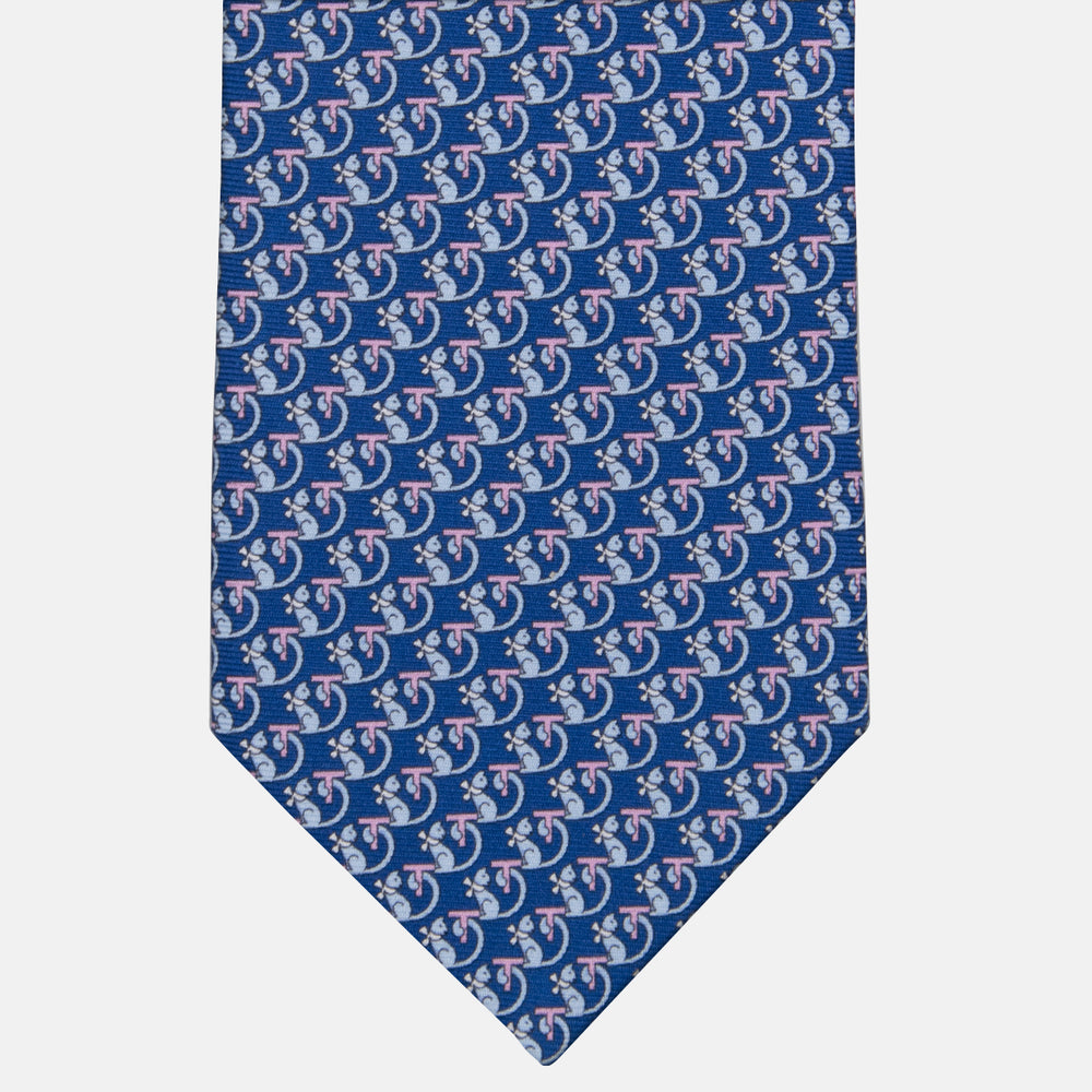 3-fold Tie in Silk with Blue and Pink Kitten Pattern - M49155
