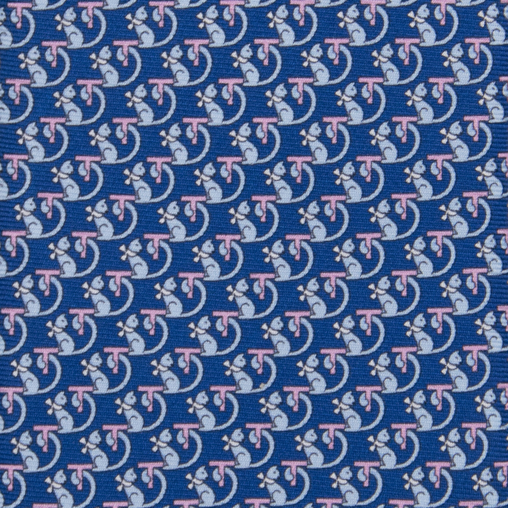 3-fold Tie in Silk with Blue and Pink Kitten Pattern - M49155