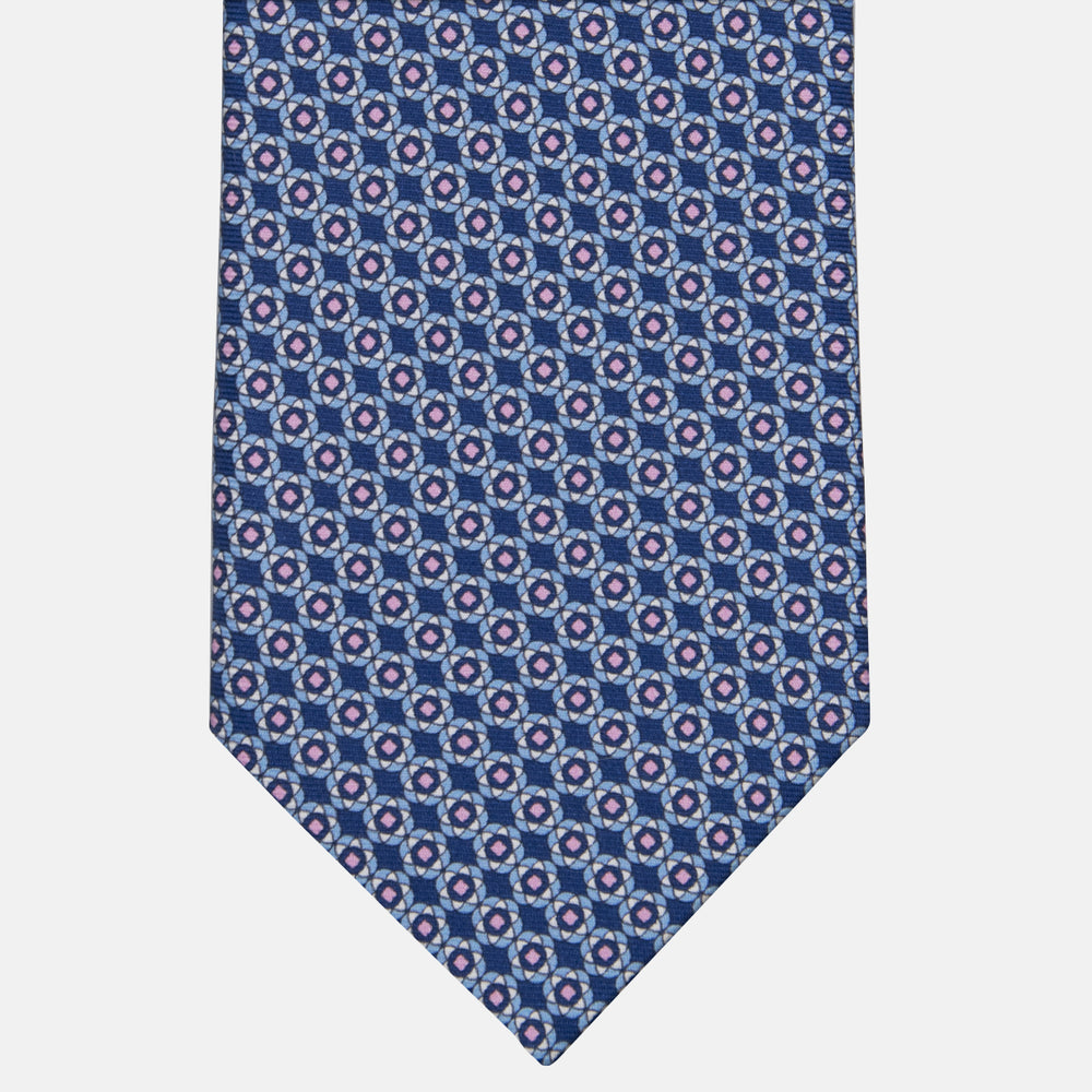 3-fold Silk Tie with Floral Pattern in Blue and Pink - M49150