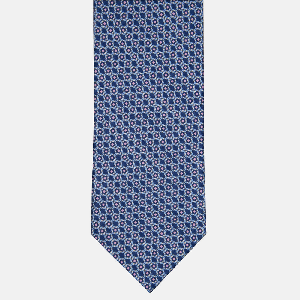3-fold Silk Tie with Floral Pattern in Blue and Pink - M49150